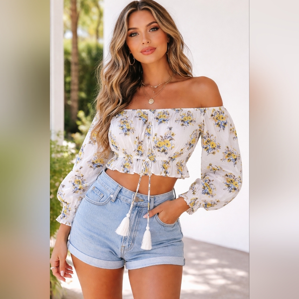 Happy Nature Floral Off-Shoulder Cotton Blouse - White and Yellow